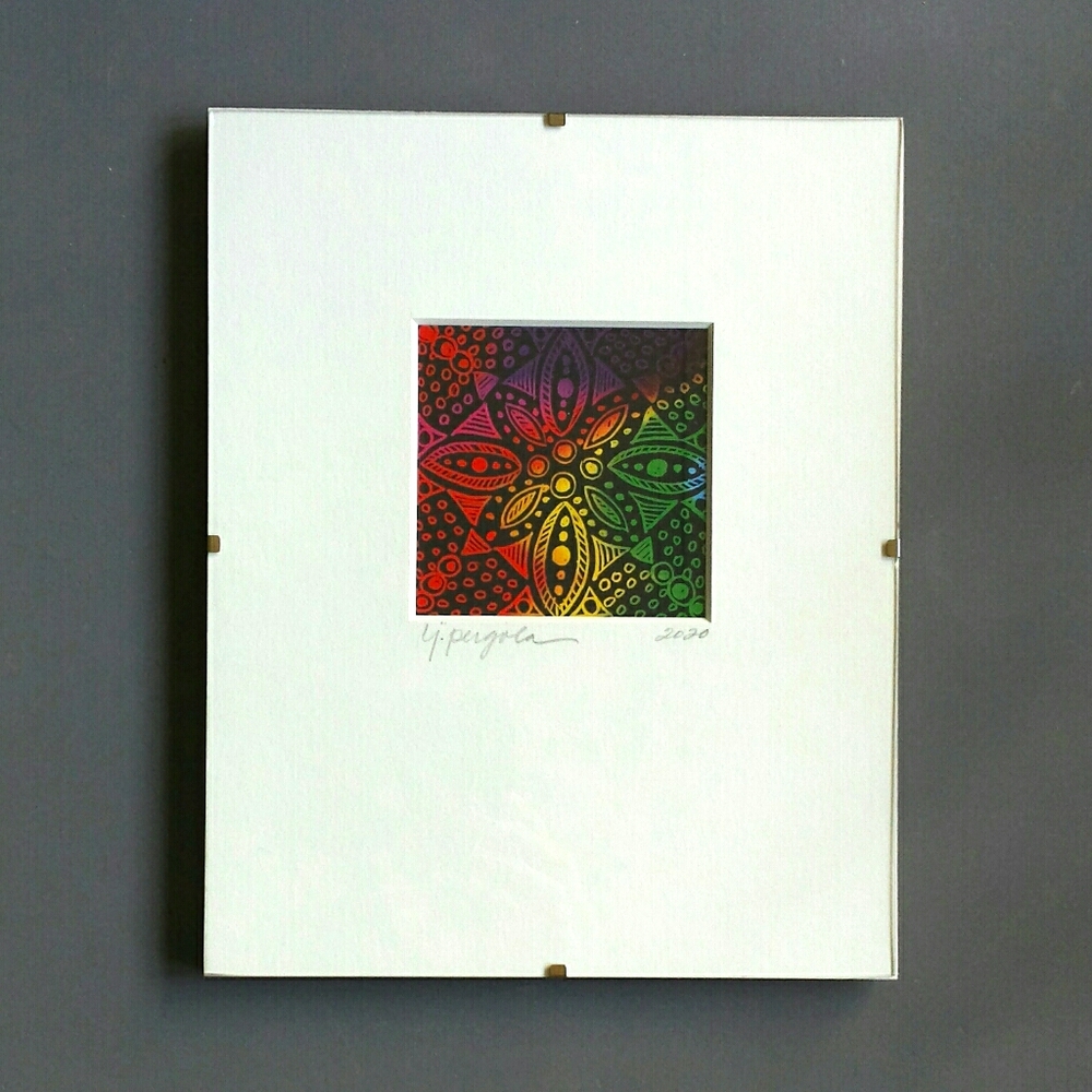 Handmade Framed Original Scratchboard Folk Art Drawing 'Rainbow Star Flower'
